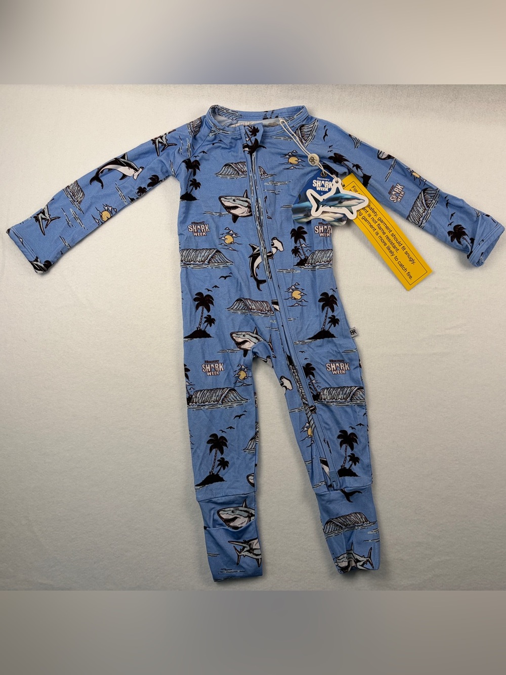 NWT Bums & Roses X Discovery Shark Week Footy Zippie Convertible Romper 3-6 M